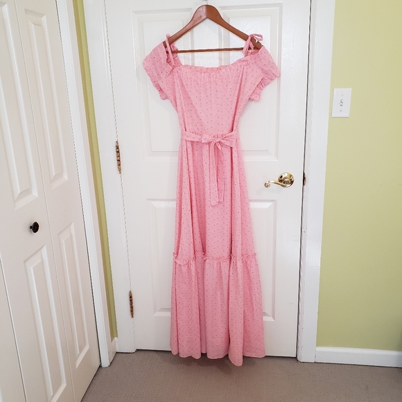 Vintage Dresses & Skirts - Vintage 70s Pink Eyelet Lace Cottage Core Gown